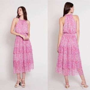 Gilner Farrar Lindsey midi Dress in pink midnight garden. Size M floral tie neck